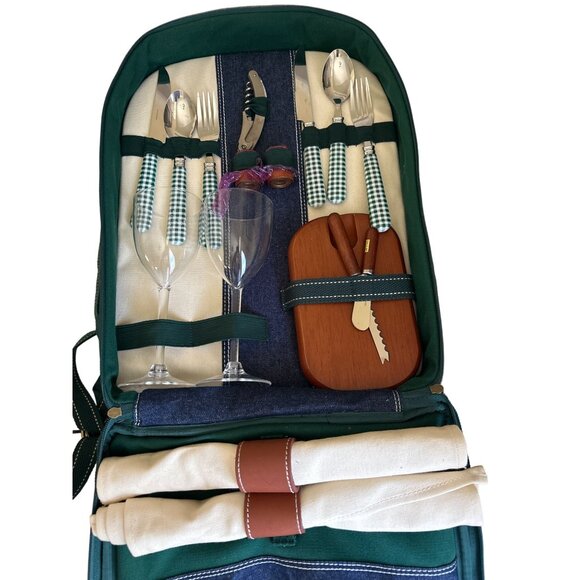 Brookstone Picnic Backpack Set With Accessories & Green Checkered Pattern - Picture 5 of 10